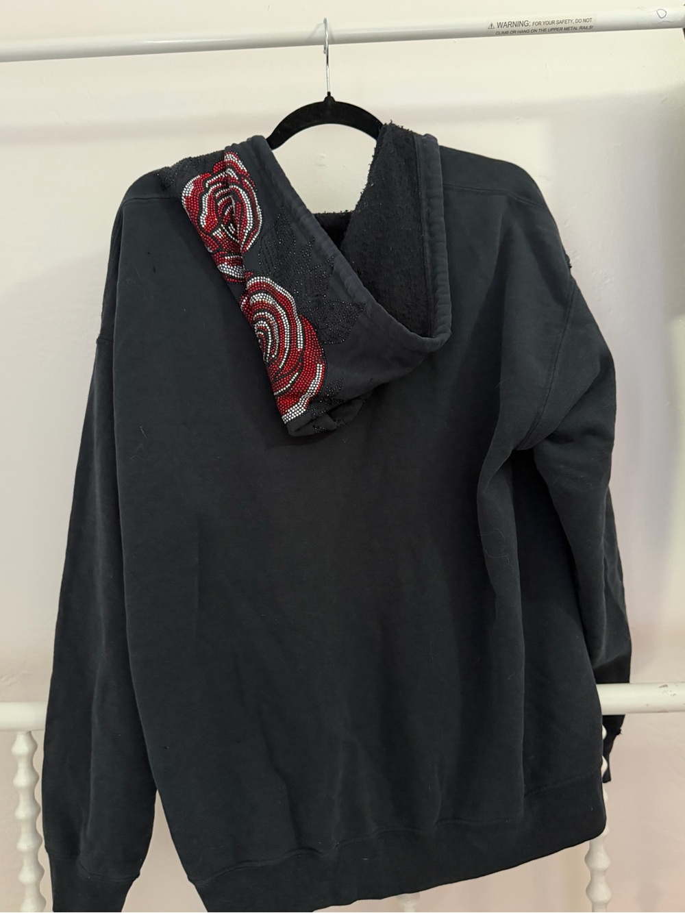 LF distressed Black Hoodie Sweater with Red Rose Embellishment